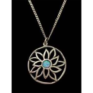 Vtg Sterling Silver Blue Opal Flower Pendant 15” Chain Israel 925